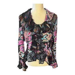 Samuel Dong Black Burnout Velvet Zipper Top Blouse Size Medium FLAW